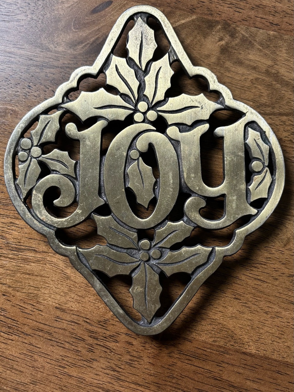 Vintage Holiday Trivet “Joy” Brass-Tone Decorative